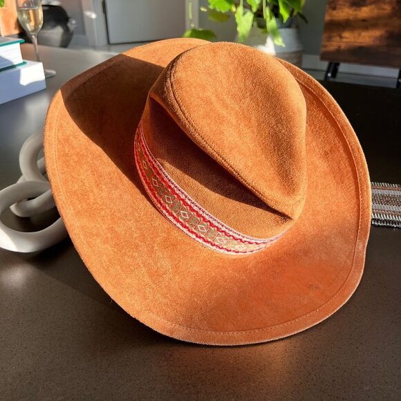Tan Suede Wide-Brim Hat with Patterned Boho Band - Picture 1 of 7